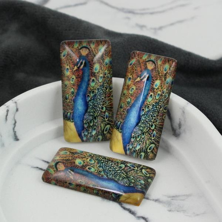 Kaboszon szklany z grafiką paw prostokąt 38x19mm