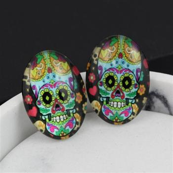 Kaboszon szklany z grafiką owal czaszka 25x18mm