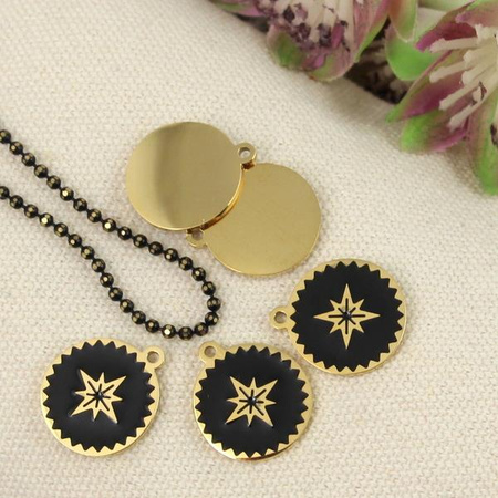 Zawieszka stal szlachetna pozłacana PVD emaliowana róża wiatrów czarna 13mm