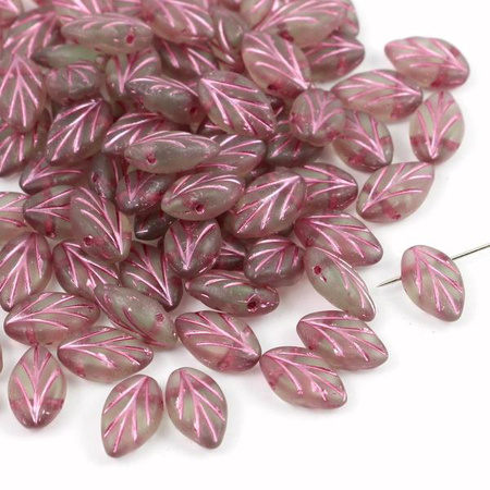 Listek szklany Light Peridot Matte Pink Patina 11x7mm [10szt]