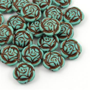 Rose Beads Opaque Turquoise Green Matte Bronze Patina 16mm [1szt]