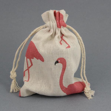 Woreczek lniany splot różowy flaming na beżowym tle 14x10cm