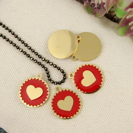 Zawieszka stal szlachetna pozłacana PVD emaliowana serce czerwone 13mm