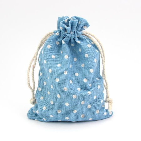 Woreczek lniany niebieski w groszki 14x10cm