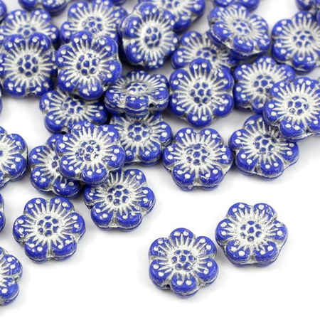 Anemone Flower Beads Opaque Sapphire Silver Patina 14mm [1szt]