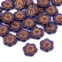 Anemone Flower Beads Blue Aquamarine Bronze Patina 14mm [1szt]