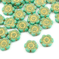 Anemone Flower Beads Opaque Turquoise Green Gold Patina 14mm [1szt]