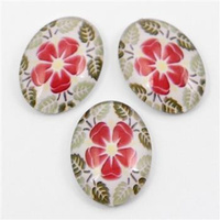 Kaboszon szklany z grafiką rózowy kwiatek owal 25x18mm