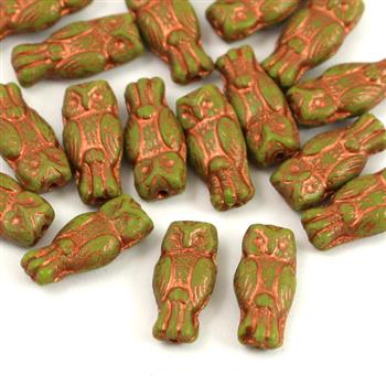 Owl Beads Opaque Olivine Copper 15x7mm