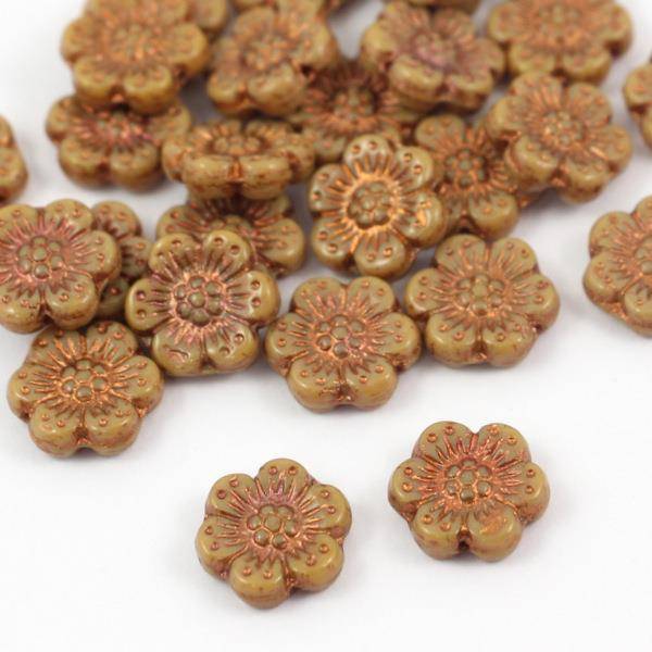 Anemone Flower Beads Opaque Dark Beige Bronze Patina 14mm [1szt]