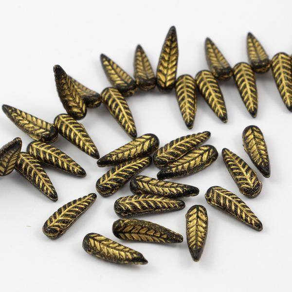 Bird Feather Beads Jet Gold 5x17mm [6szt]