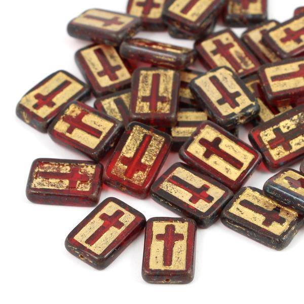 Cross Beads Ruby Gold 17x11mm