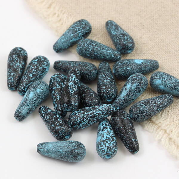 Drop Beads Jet Blue Patina Etched 20x9mm