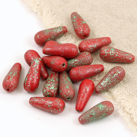 Drop Beads Opaque Red Green Patina Etched 20x9mm