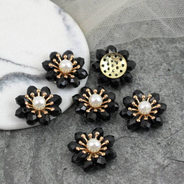 Element ozdobny kwiatek kryształkowy czarny z perełką 20mm