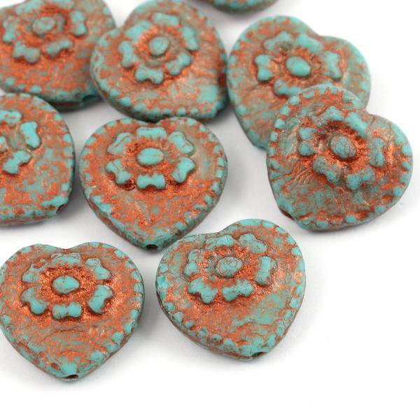 Heart Beads Opaque Turquoise Blue Copper 17mm