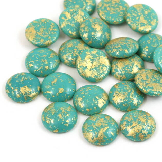 Kaboszon szklany Gold Splash Turquoise Green 14mm