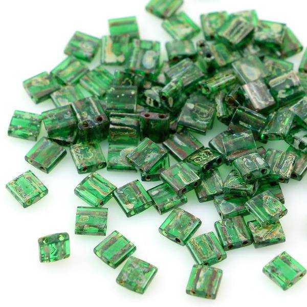 Miyuki Tila Beads 5x5x1,9mm Picasso Transp Green [30szt]