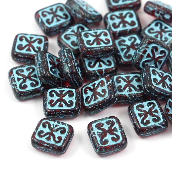 Patina Brick Beads Transparent Red Turquoise 12x11mm [1szt]