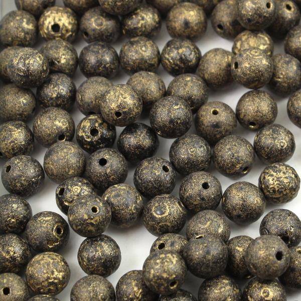 Round Beads Jet Gold Patina Etched 8mm [10szt]