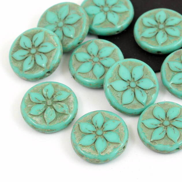 Szklana moneta z kwiatkiem Opaque Turquoise Green 18mm