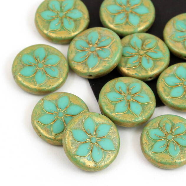 Szklana moneta z kwiatkiem Opaque Turquoise Green Gold Patina 18mm