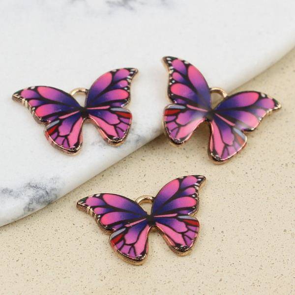 Zawieszka złota emaliowana fioletowy motyl 22x15mm